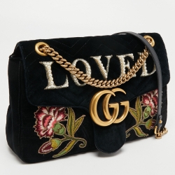 Pre Owned Gucci Black Love Embroidered Matelassé Velvet Medium GG Marmont Shoulder Bag