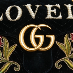 Pre Owned Gucci Black Love Embroidered Matelassé Velvet Medium GG Marmont Shoulder Bag