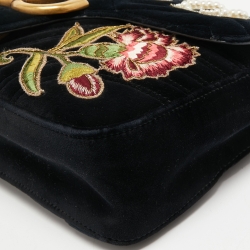 Pre Owned Gucci Black Love Embroidered Matelassé Velvet Medium GG Marmont Shoulder Bag
