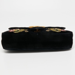Pre Owned Gucci Black Love Embroidered Matelassé Velvet Medium GG Marmont Shoulder Bag