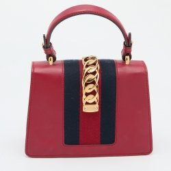 Gucci Red Leather Mini Web Sylvie Top Handle Bag
