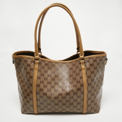 Pre Owned Gucci Gold/Beige GG Crystal Canvas and Leather Medium Joy Tote