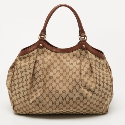 Pre Owned Gucci Brown/Beige GG Canvas and Leather Large Sukey Tote