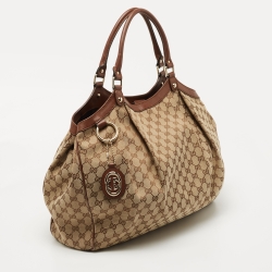 Pre Owned Gucci Brown/Beige GG Canvas and Leather Large Sukey Tote