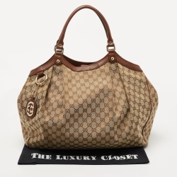 Pre Owned Gucci Brown/Beige GG Canvas and Leather Large Sukey Tote