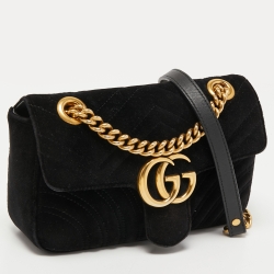 Pre Owned Gucci Black Matelasse Velvet Mini GG Marmont Shoulder Bag