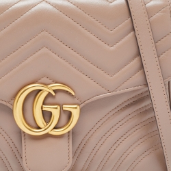 Pre Owned Gucci Beige Matelasse Leather Small GG Marmont Top Handle Bag