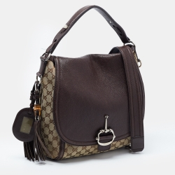 Pre Owned Gucci Beige/Ebony GG Canvas and Leather Techno Horsebit Flap Bag