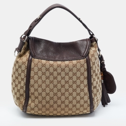 Pre Owned Gucci Beige/Ebony GG Canvas and Leather Techno Horsebit Flap Bag