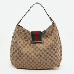 Gucci Beige/Brown GG Canvas and Leather New Ladies Web Hobo