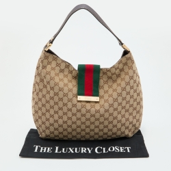 Gucci Beige/Brown GG Canvas and Leather New Ladies Web Hobo
