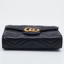 Pre Owned Gucci Black Matelassé Leather GG Marmont Wallet On Chain