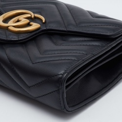 Pre Owned Gucci Black Matelassé Leather GG Marmont Wallet On Chain