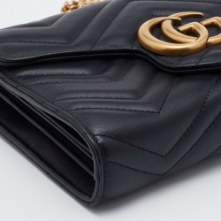 Pre Owned Gucci Black Matelassé Leather GG Marmont Wallet On Chain