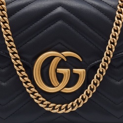 Pre Owned Gucci Black Matelassé Leather GG Marmont Wallet On Chain