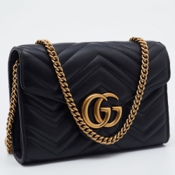 Pre Owned Gucci Black Matelassé Leather GG Marmont Wallet On Chain