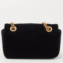 Pre Owned Gucci Black Matelassé Velvet Mini GG Marmont Shoulder Bag