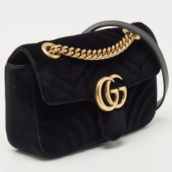 Pre Owned Gucci Black Matelassé Velvet Mini GG Marmont Shoulder Bag