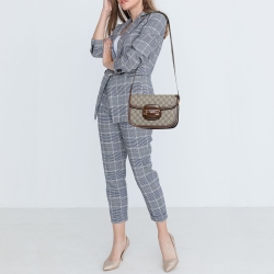 Pre Owned Gucci Beige/Brown GG Supreme Canvas and Leather 1955 Horsebit Shoulder Bag