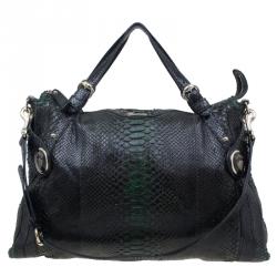 Pre Owned Gucci Dark Green Python Shopping Tote
