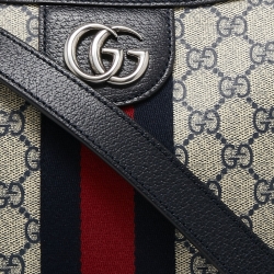 Pre Owned Gucci Navy Blue/White GG Supreme Canvas and Leather Small Ophidia Shoulder Bag