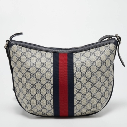 Pre Owned Gucci Navy Blue/White GG Supreme Canvas and Leather Small Ophidia Shoulder Bag