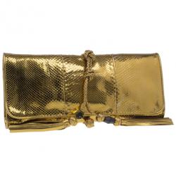 Pre Owned Gucci Metallic Gold Python Malika Clutch