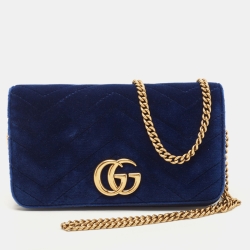 Gucci Blue Matelassé Velvet and Leather Super Mini GG Marmont