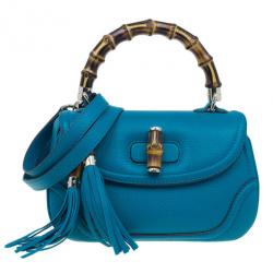 Pre Owned Gucci Turquoise Leather Bamboo Top Handle Bag