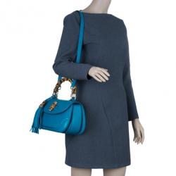 Pre Owned Gucci Turquoise Leather Bamboo Top Handle Bag