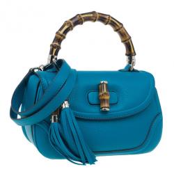 Pre Owned Gucci Turquoise Leather Bamboo Top Handle Bag