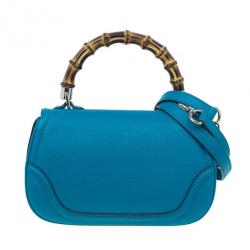 Pre Owned Gucci Turquoise Leather Bamboo Top Handle Bag