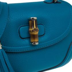 Pre Owned Gucci Turquoise Leather Bamboo Top Handle Bag