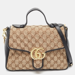 Pre Owned Gucci Black/Beige Matelasse GG Canvas and Leather Small GG Marmont Top Handle Bag