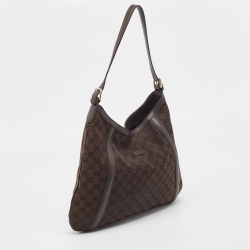 Pre Owned Gucci Dark Brown GG Canvas and Leather Zip Hobo