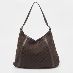 Pre Owned Gucci Dark Brown GG Canvas and Leather Zip Hobo