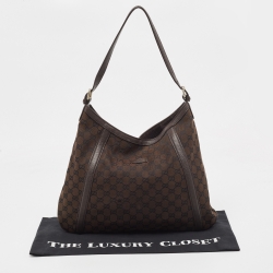 Pre Owned Gucci Dark Brown GG Canvas and Leather Zip Hobo