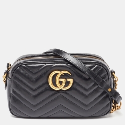 Pre Owned Gucci Black Matelasse Leather Small GG Marmont Shoulder Bag
