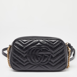 Pre Owned Gucci Black Matelasse Leather Small GG Marmont Shoulder Bag