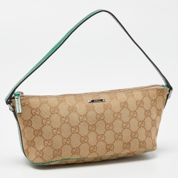 Pre Owned Gucci Beige/Green GG Canvas and Leather Pochette Bag