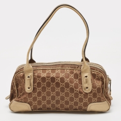 Pre Owned Gucci Gold/Brown GG Fabric and Leather Princy Boston Bag