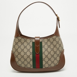 Pre Owned Gucci Brown/Beige GG Supreme Canvas and Leather Small Jackie 1961 Hobo
