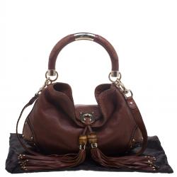 Pre Owned Gucci Brown Leather Medium Indy Top Handle Hobo