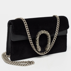 Pre Owned Gucci Black Leather and Velvet Super Mini Dionysus Crystals Chain Bag