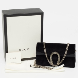 Pre Owned Gucci Black Leather and Velvet Super Mini Dionysus Crystals Chain Bag
