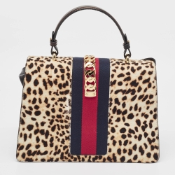 Gucci Beige/Black Leopard Print Calfhair and Leather Medium Sylvie Top Handle Bag