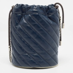 Pre Owned Gucci Navy Blue Matelasse Leather Mini GG Torchon Marmont Bucket Bag