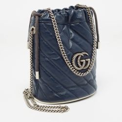 Pre Owned Gucci Navy Blue Matelasse Leather Mini GG Torchon Marmont Bucket Bag