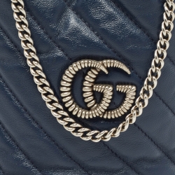 Pre Owned Gucci Navy Blue Matelasse Leather Mini GG Torchon Marmont Bucket Bag
