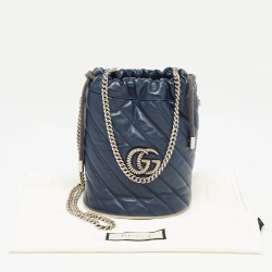 Pre Owned Gucci Navy Blue Matelasse Leather Mini GG Torchon Marmont Bucket Bag